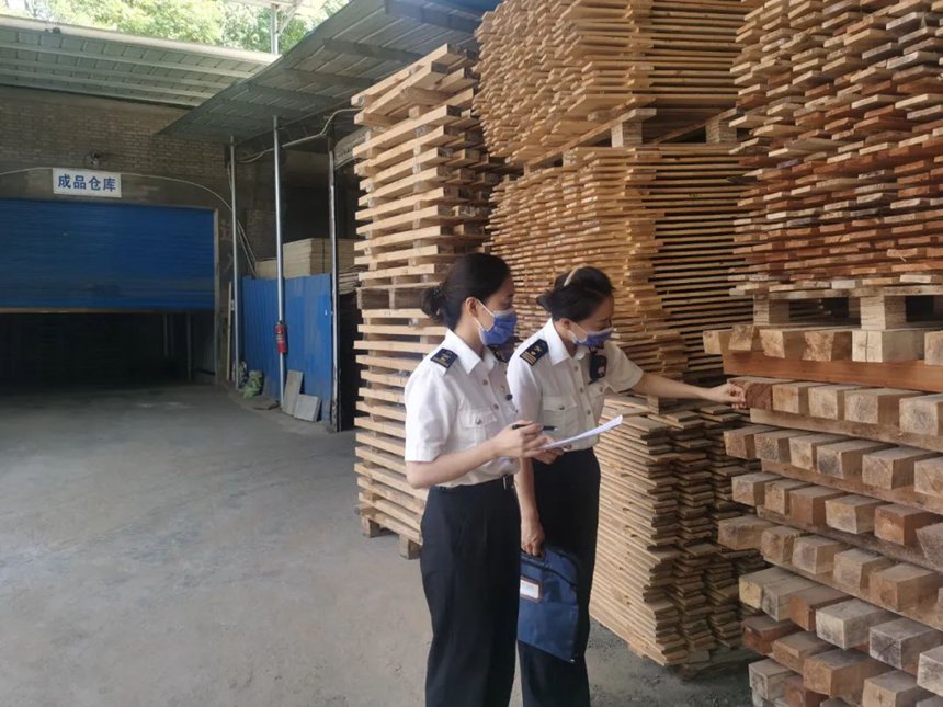 重慶海關所屬涪陵海關關員在出境貨物木質包裝除害處理標識加施企業(yè)開展核查。重慶海關供圖