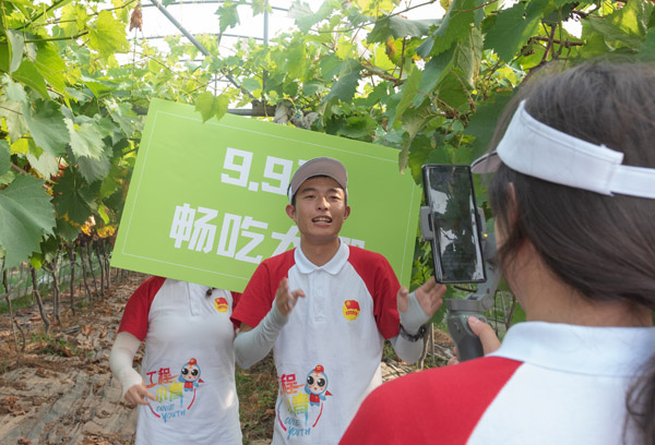 實(shí)踐團(tuán)成員向觀眾介紹“藍(lán)玫瑰葡萄”。重慶工程職業(yè)技術(shù)學(xué)院供圖
