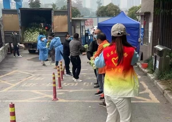 志愿者與居民有序接運剛到的蔬菜。巴南區(qū)委統(tǒng)戰(zhàn)部供圖