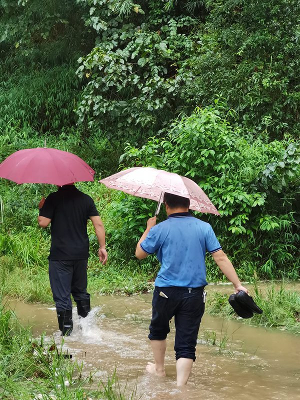《涉水巡查》。榮昌區(qū)規(guī)劃自然資源局副局長劉騎康帶領(lǐng)工作人員涉水巡查清升鎮(zhèn)地災(zāi)隱患點。唐傳君攝。