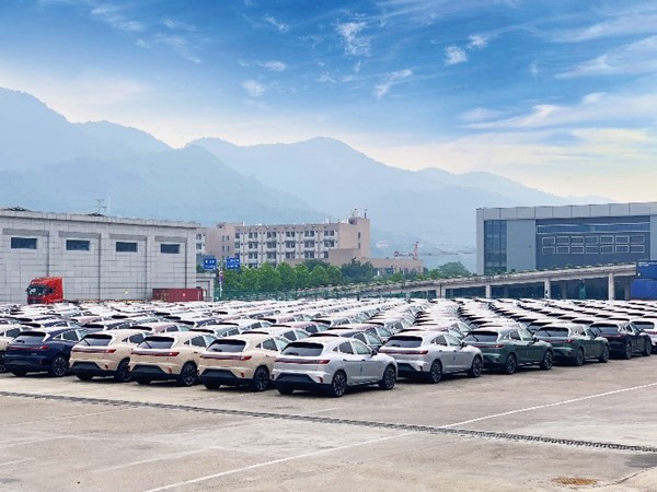 待運(yùn)輸出口的新能源汽車。重慶物流集團(tuán)供圖