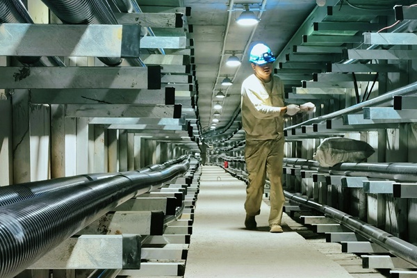 工作人員在現(xiàn)場對電纜外觀進(jìn)行檢查。艾黎攝