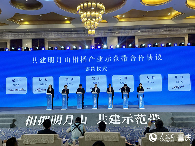 川渝七區(qū)縣政府簽訂《共建明月山柑橘產(chǎn)業(yè)示范帶合作協(xié)議》。人民網(wǎng)記者 劉政寧攝