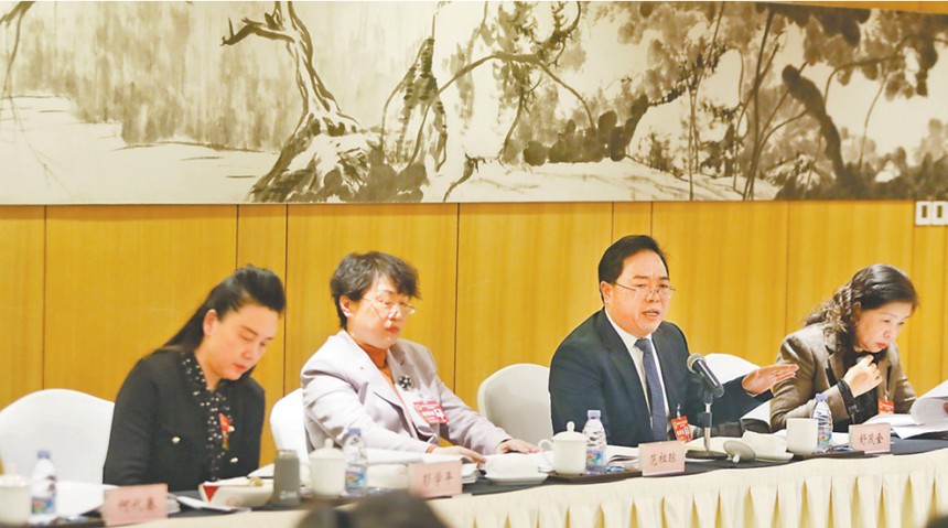 舒茂全代表（右二）就工業(yè)園區(qū)協(xié)同發(fā)展提出建議。記者 羅斌 攝/視覺重慶