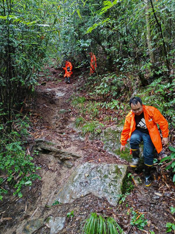 《城口縣厚坪鄉(xiāng)核桃壩滑坡雨中核查路上》。7月14日，川東南工程勘察設(shè)計(jì)院有限公司駐城口縣厚坪鄉(xiāng)地質(zhì)工程師王森林（前）在核桃壩滑坡開展巡查排查工作。鄧沖攝