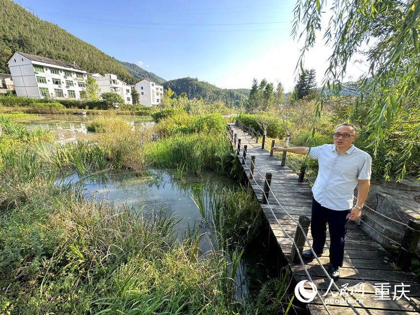 丁紅云向記者介紹竹山場(chǎng)鎮(zhèn)尾水濕地公園。人民網(wǎng)記者 劉政寧攝