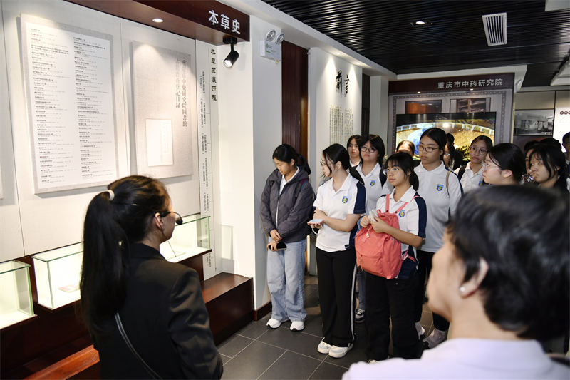 10月28日，30名來自新加坡的師生走進重慶市中藥博物館參觀見學，圖為師生們正在聆聽講解。唐志勇攝 