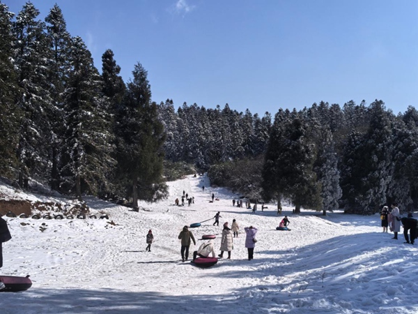 近期，彭水縣摩圍山迎來冰雪季，霜花綴滿枝頭，山野銀裝素裹。眾多游客到摩圍山賞雪、滑雪，享受“冰雪”快樂。景區(qū)供圖