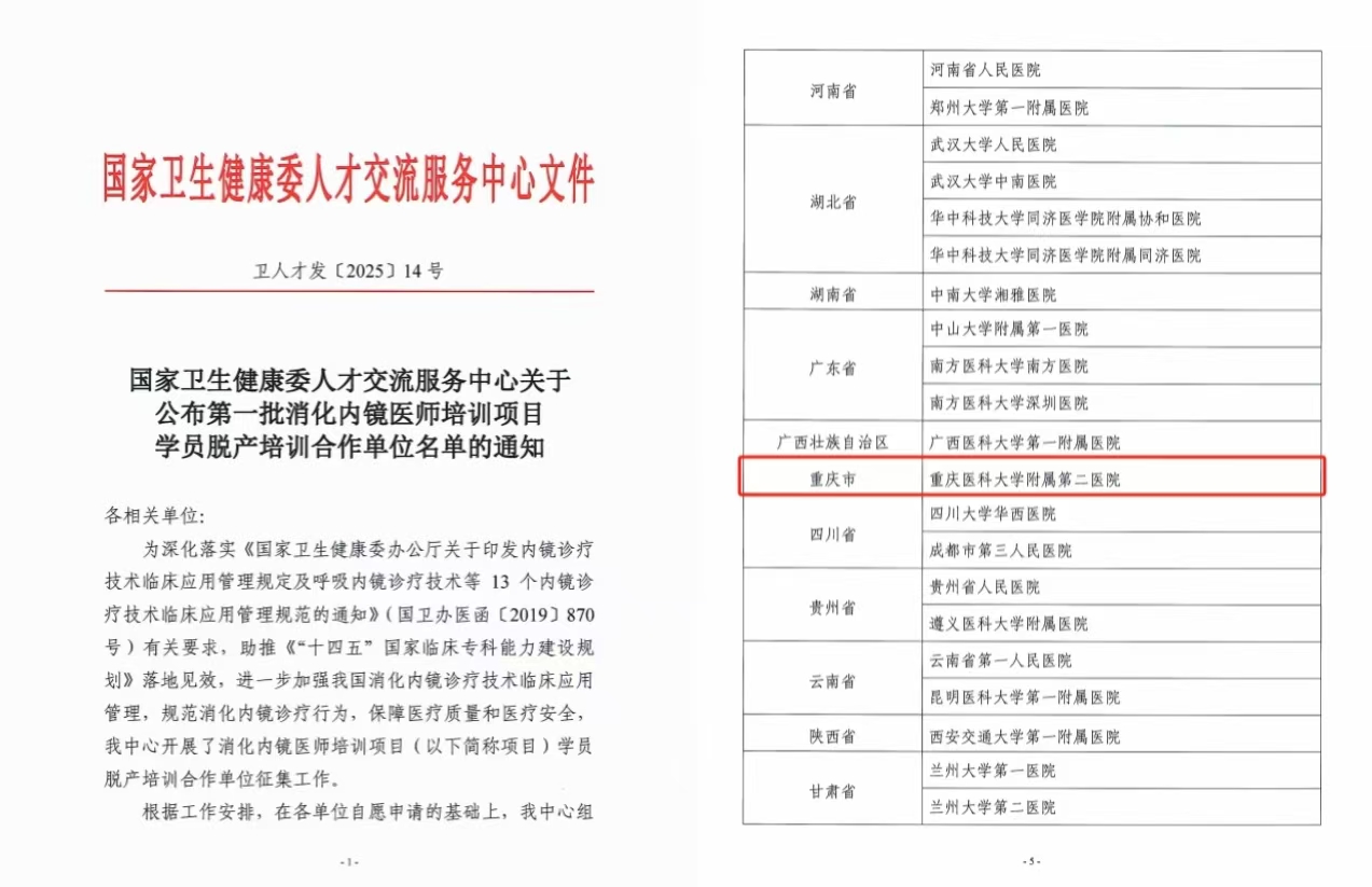 國家首批消化內鏡培訓項目學員脫產培訓合作單位名單。 重慶醫(yī)科大學附屬第二醫(yī)院供圖