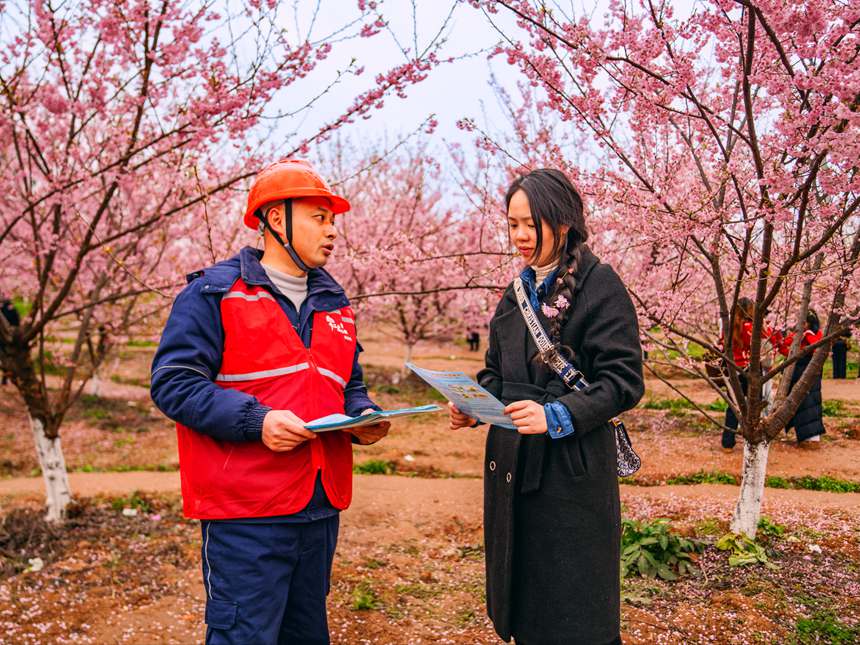 2月25日，在榮昌峰高街道金銀村，國(guó)網(wǎng)重慶永川供電公司大力促進(jìn)“電力+文旅”融合，對(duì)櫻花園春灌用電進(jìn)行全面檢查維護(hù)，同時(shí)向游客宣講保護(hù)電力設(shè)施知識(shí)。賴小龍攝