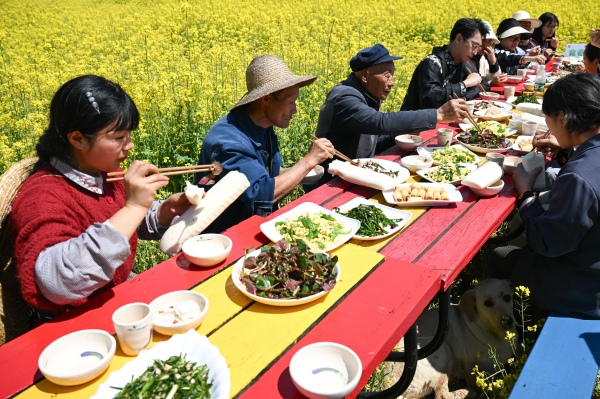 游客在油菜花田品嘗春日野食。景區(qū)供圖