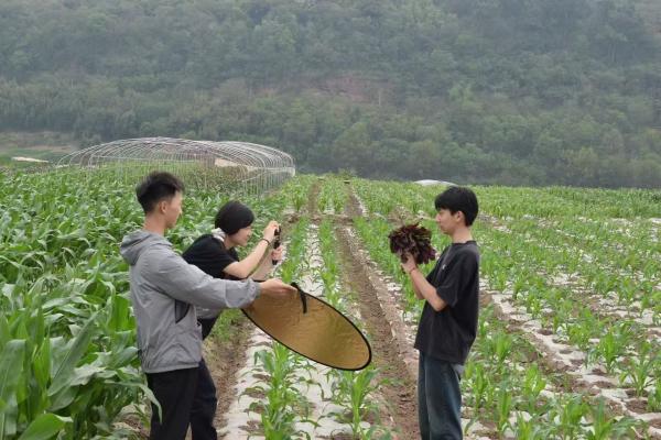 學(xué)生們在田間做宣傳。龐穎鑫攝